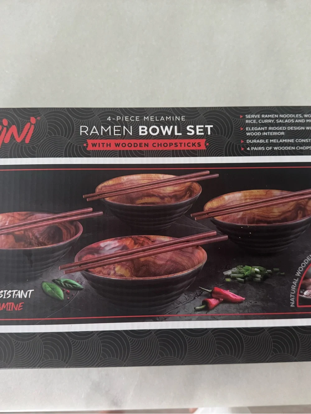 Parini 4 Piece Melamine Ramen Bowl Set with Wooden Chopsticks NEW in Box